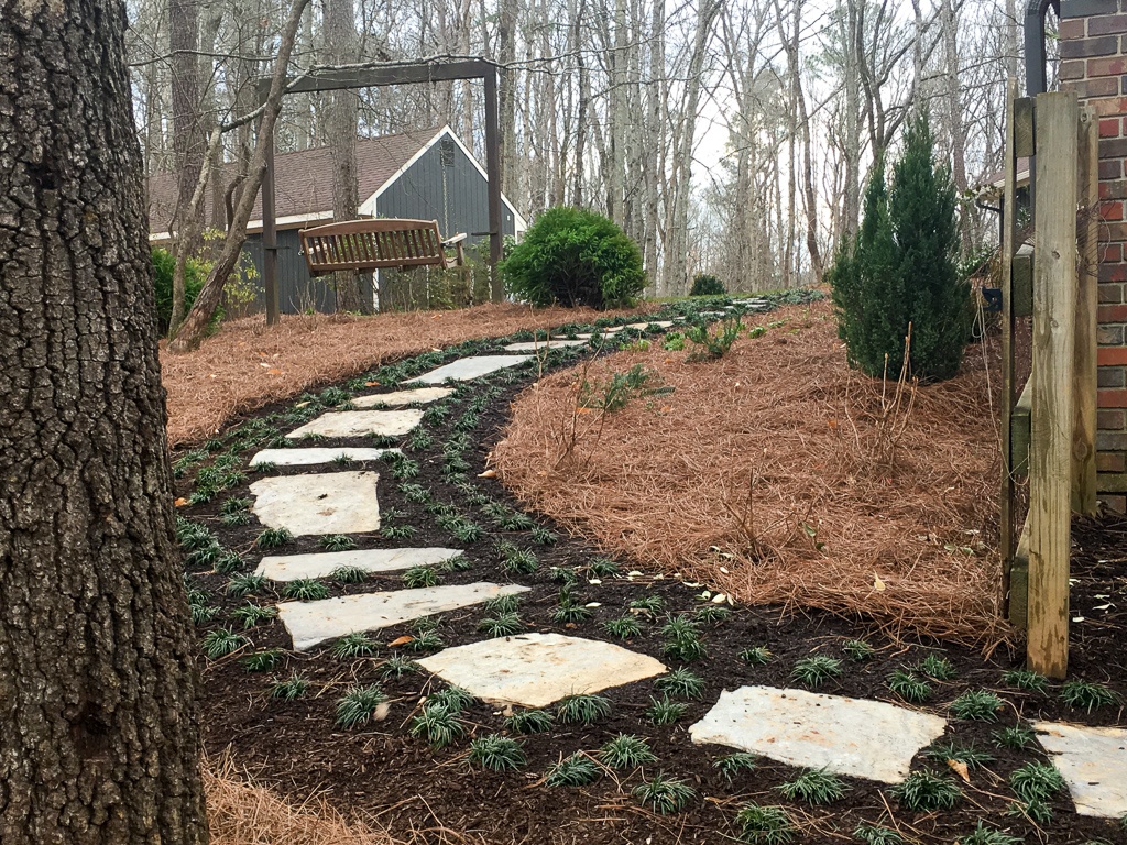 Paver walkway with mulch. importance of proper mulching. Atlanta landscaping