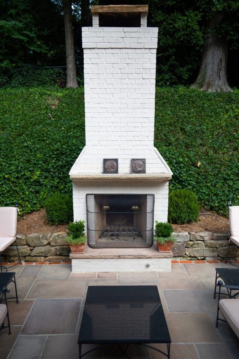 White Brick Fireplace. Outdoor Fireplaces