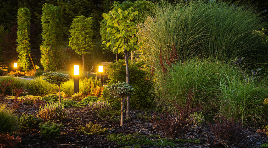 Enchanting garden illuminated by soft lights, showcasing vibrant plants and creating a serene atmosphere.
