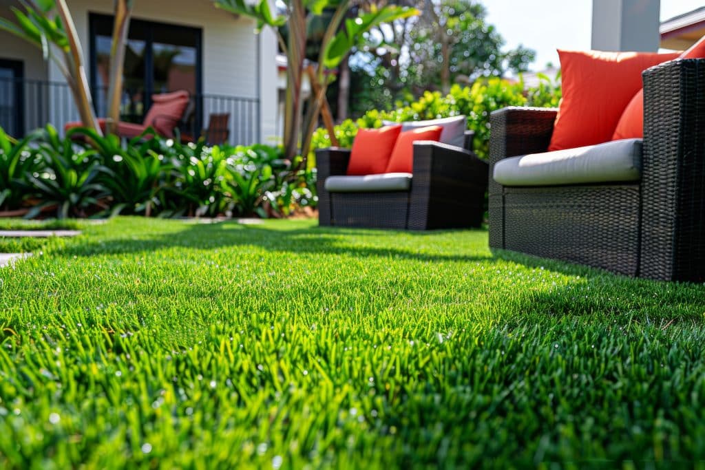 Close-up of lush green lawn with outdoor furniture and orange cushions.