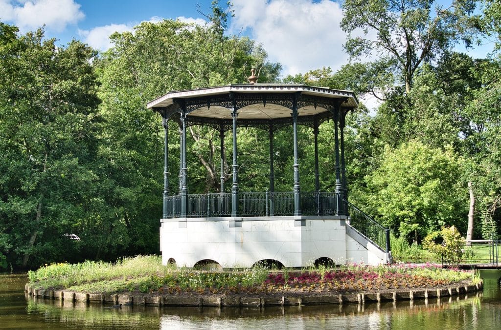 Hexagonal gazebo elevated above water