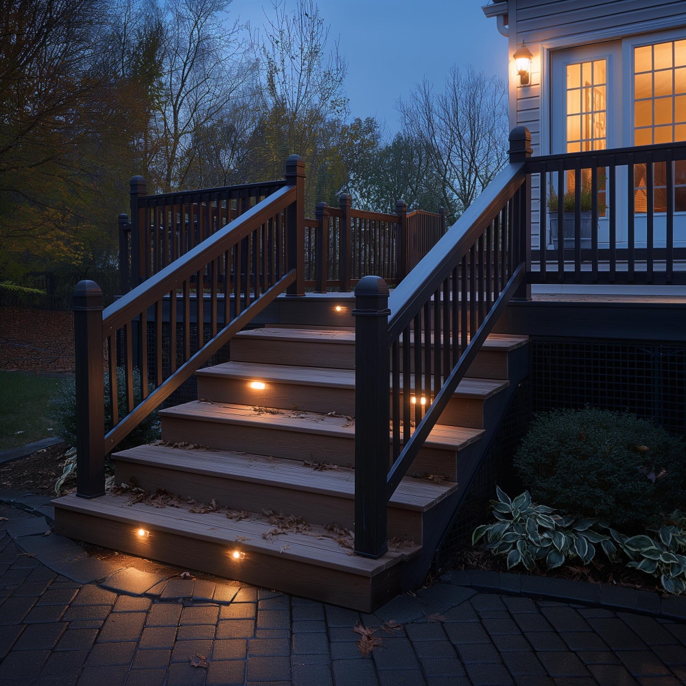 Outdoor staircase with built-in step lights at dusk.