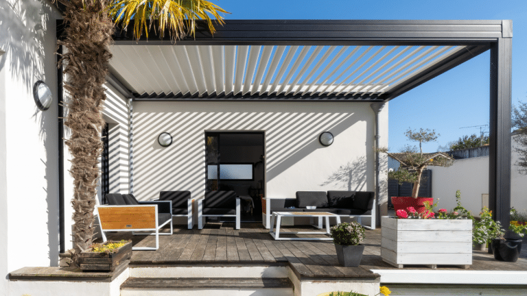 Stylish metal pergola with a slatted roof.