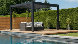 Minimalist pergola by a serene poolside.