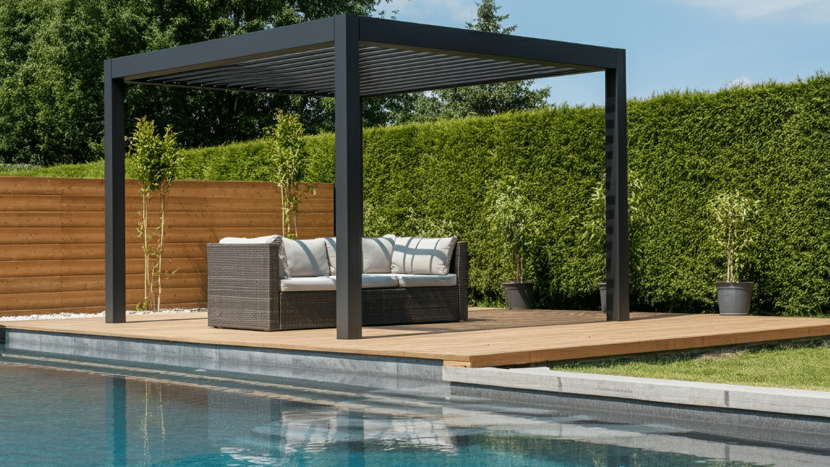 Minimalist pergola by a serene poolside.