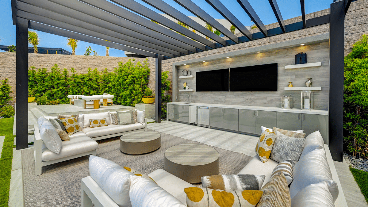 High-tech pergola with built-in lighting and TV.