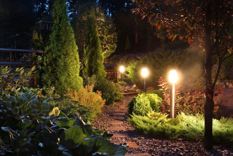 Low voltage landscape lighting illuminating a garden path