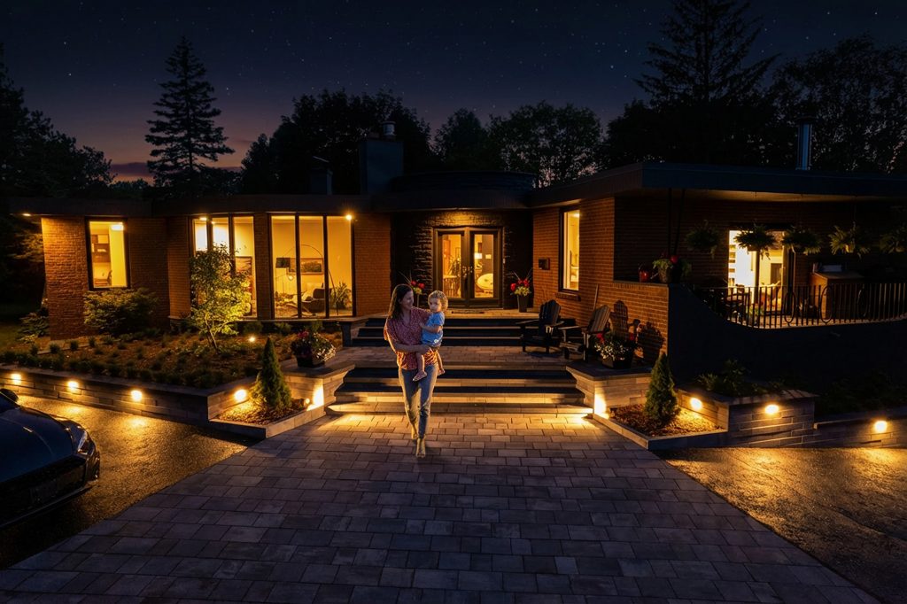 estate home with landscape lighting at night